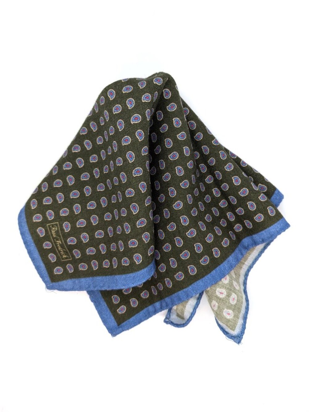 VTG Italian Wool Pocket Square 13" Classic Paisley Paul Frederick Italy Olive